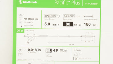 Medtronic PCP 050 080 180 Pacific Plus PTA Cath. 5.0mm x 80mm x 180cm (x)